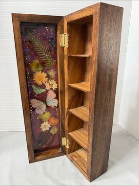 Vintage Handcrafted Wooden Curiosity Cabinet with Pressed Flower Resin Door 14”